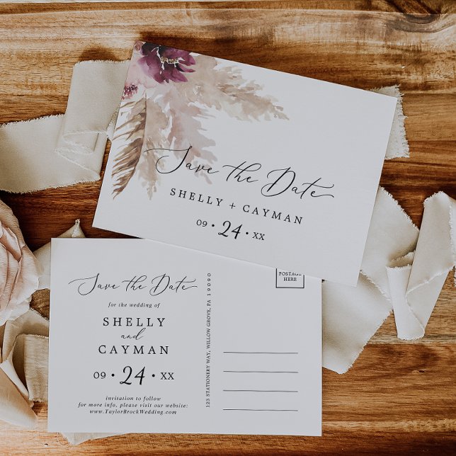 Boho Pampas Grass Save the Date Postcard (Creator Uploaded)