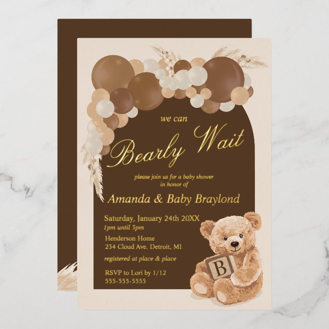 Boho Pampas Grass Teddy Bear Baby Shower (Front/Back)