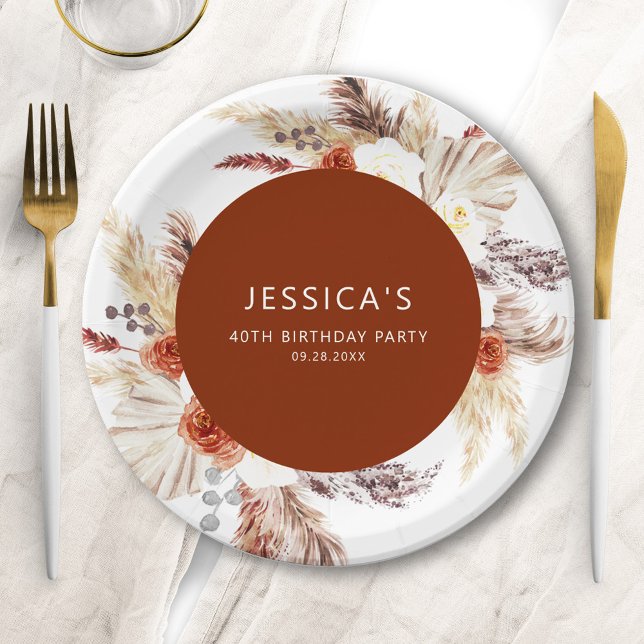Boho Pampas Grass Terracotta Birthday Party Paper Plate (Creator Uploaded)