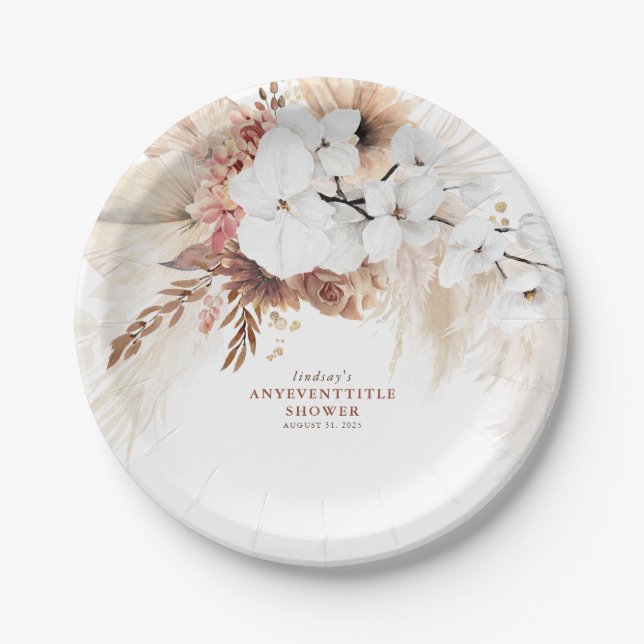 Boho Pampas Grass Terracotta Floral Any Party Paper Plate (Front)