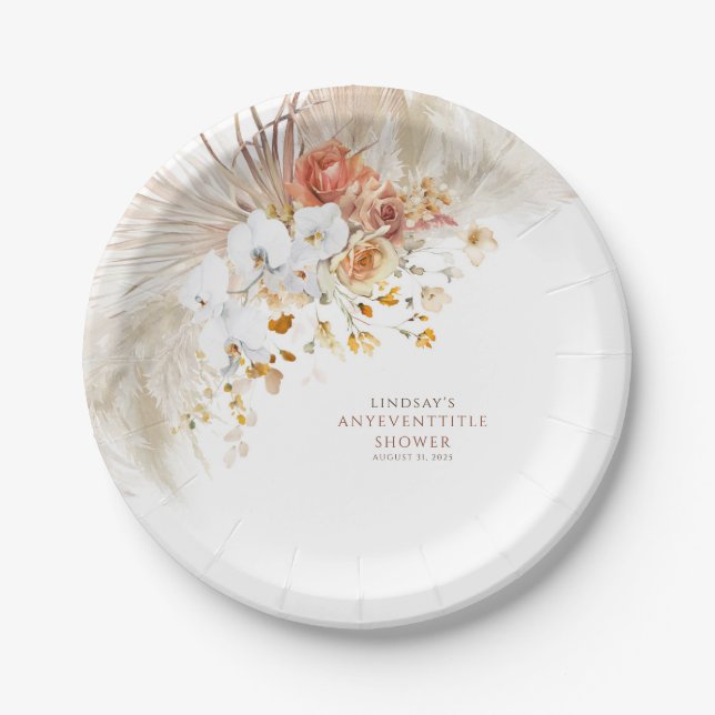 Boho Pampas Grass Terracotta Floral Any Party Paper Plate (Front)