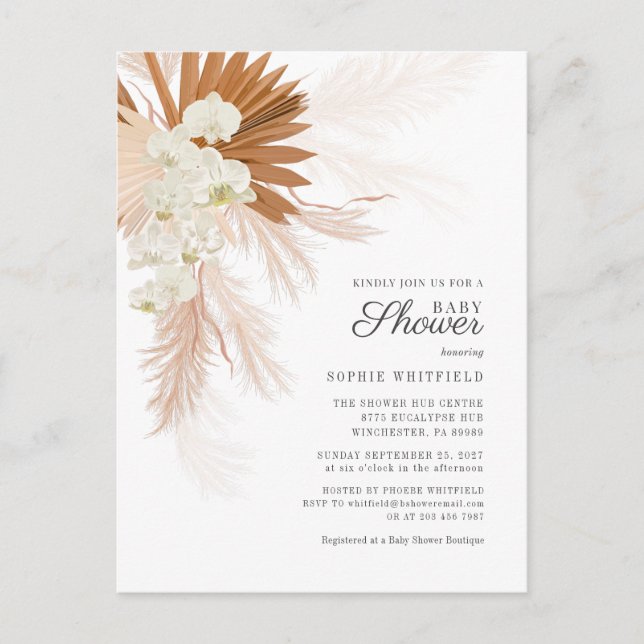 Boho Pampas Grass Terracotta Floral Baby Shower Invitation Postcard (Front)