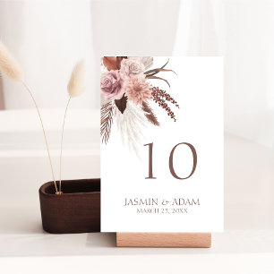 Boho Pampas Grass Terracotta Floral Wedding Table Number