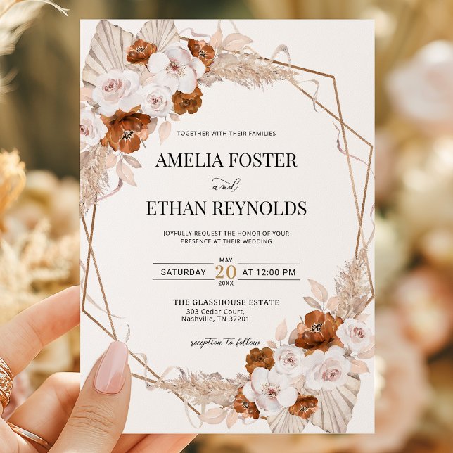 Boho Pampas Grass Terracotta Orange Floral Wedding Invitation (Creator Uploaded)