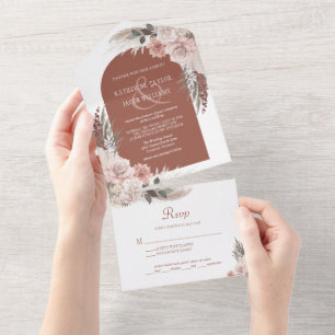 Boho Pampas Grass Terracotta Wedding All In One Invitation