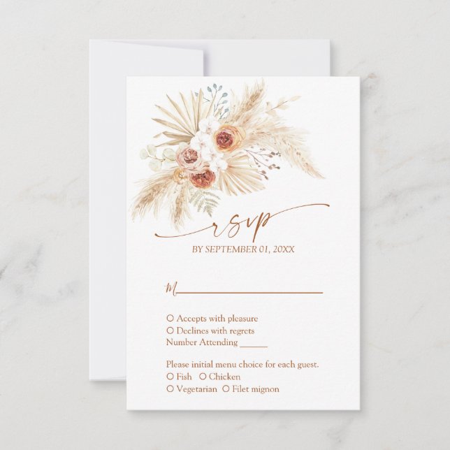 Boho Pampas Grass Terracotta Wedding RSVP Card (Front)