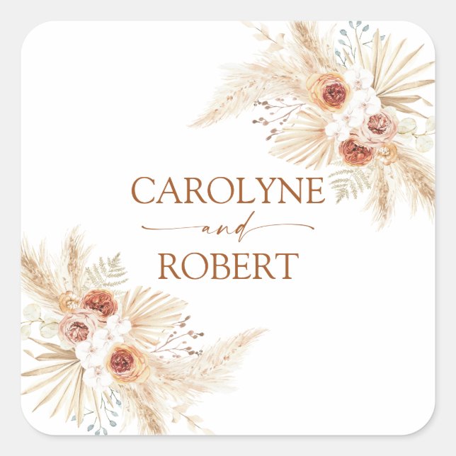Boho Pampas Grass Terracotta Wedding Square Sticker (Front)