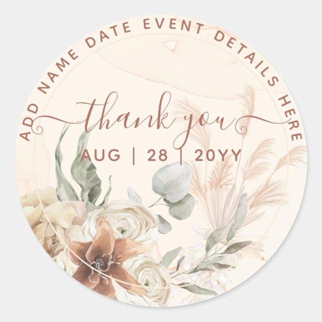  Boho Pampas Grass Thank You Favour Classic Round Sticker (Front)