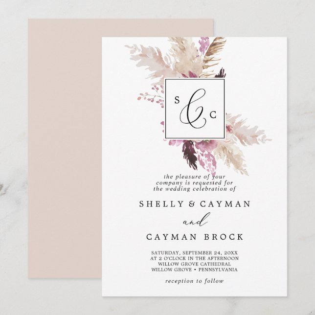 Boho Pampas Grass Traditional Monogram Wedding Invitation (Front/Back)