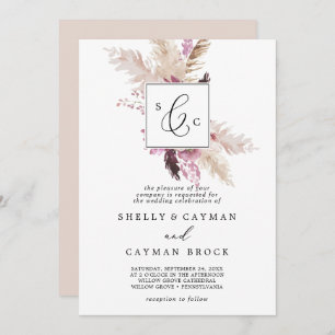 Boho Pampas Grass Traditional Monogram Wedding Invitation