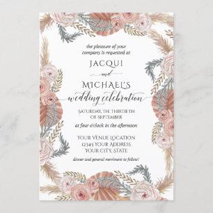 BOHO Pampas Grass Tropical Watercolor Blush Floral Invitation