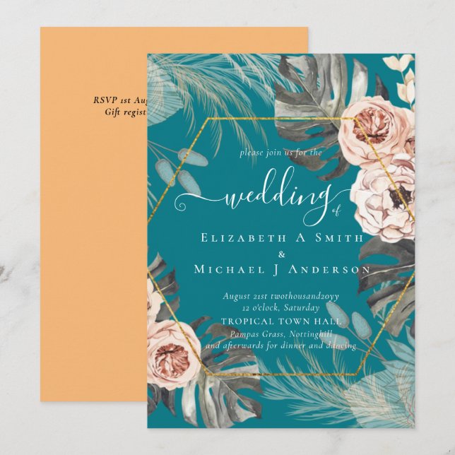BOHO PAMPAS GRASS TROPICAL Wedding Invitation (Front/Back)