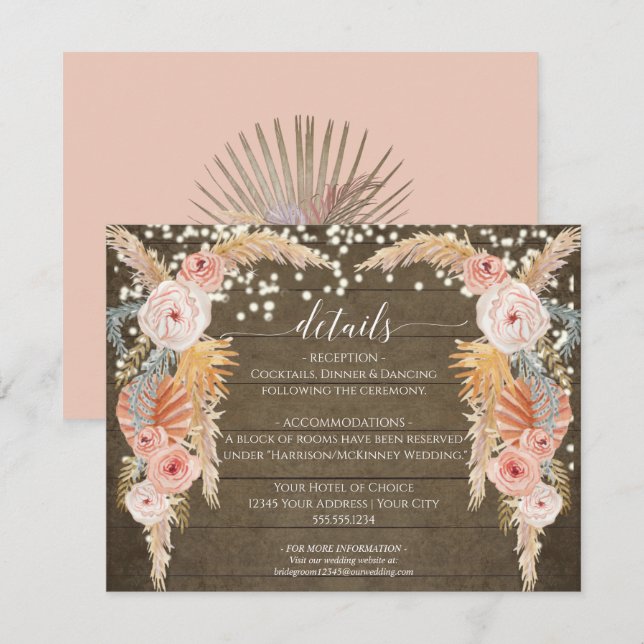 Boho Pampas Grass Twinkle Lights Rustic Details Invitation (Front/Back)