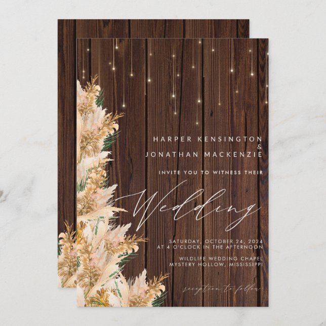 Boho Pampas Grass Twinkle Lights Wood Wedding Invitation (Front/Back)