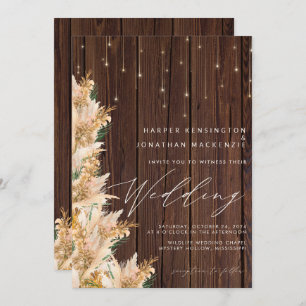 Boho Pampas Grass Twinkle Lights Wood Wedding Invitation