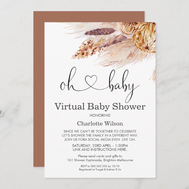 Boho Pampas Grass Virtual Baby Shower Invitation (Front/Back)