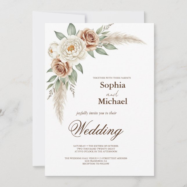 Boho Pampas Grass Watercolor Floral Wedding Invita Invitation (Front)