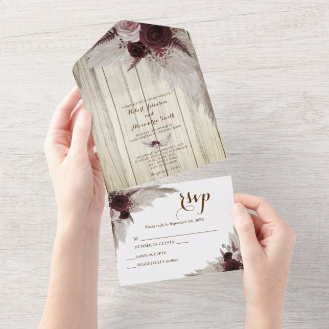 Boho Pampas Grass Wedding and RSVP Response All In One Invitation (Tearaway)