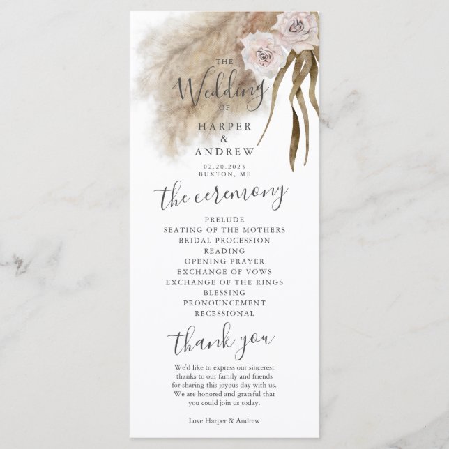 Boho Pampas Grass Wedding Ceremony Program (Front)