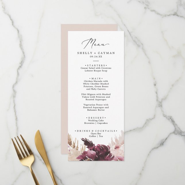Boho Pampas Grass Wedding Dinner Menu (Front/Back In Situ)