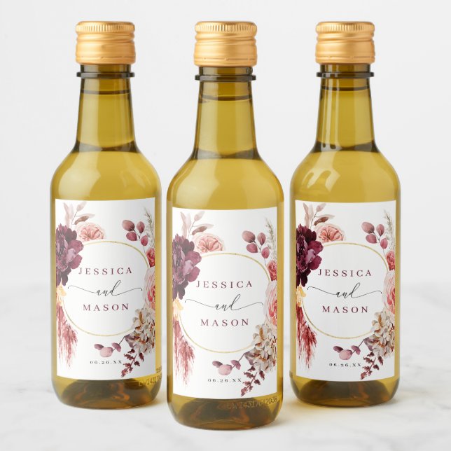 Boho Pampas Grass Wedding Favours Mini Wine Label (Bottles)