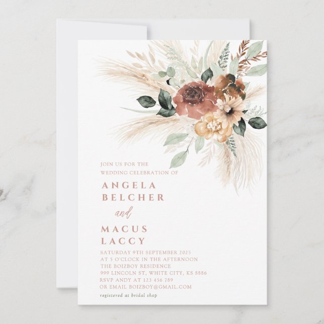 Boho pampas Grass Wedding Invitation (Front)