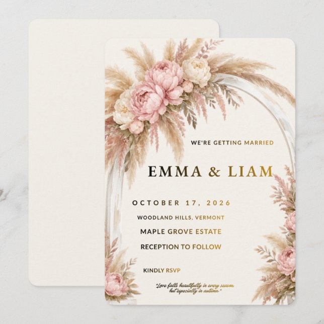 Boho Pampas Grass Wedding Invitation | Editable Fl (Front/Back)