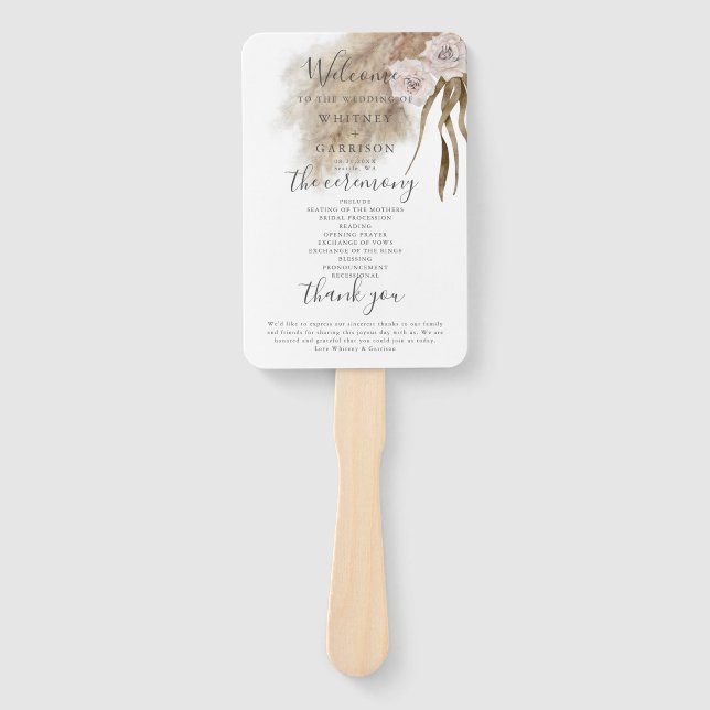 Boho Pampas Grass Wedding Program Hand Fan (Front)