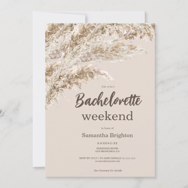 Boho Pampas Grass Weekend Bachelorette  Invitation (Front)