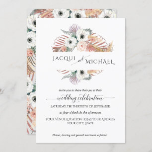 Boho Pampas Grass White Blush Floral Palm Foliage Invitation