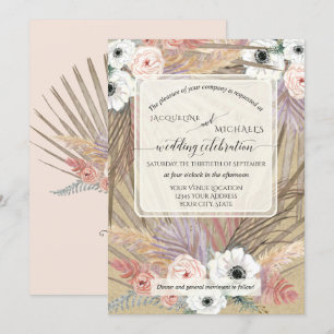 BOHO Pampas Grass White Floral Rustic Neutral Invitation