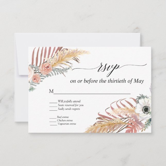 Boho Pampas Grass White Floral Tropical Palm RSVP (Front)