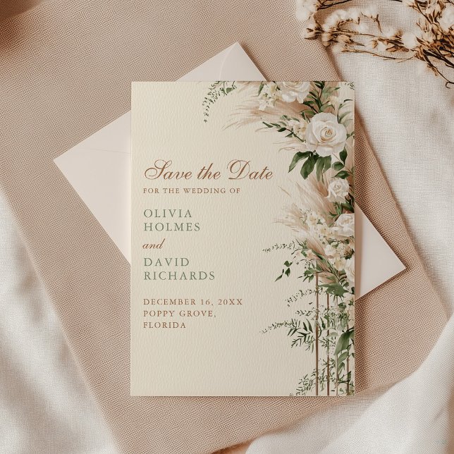 Boho Pampas Grass & White Rose Wedding Save The Date (Boho Pampas Grass & White Rose Wedding Save The Date with an envelope on an elegant table)