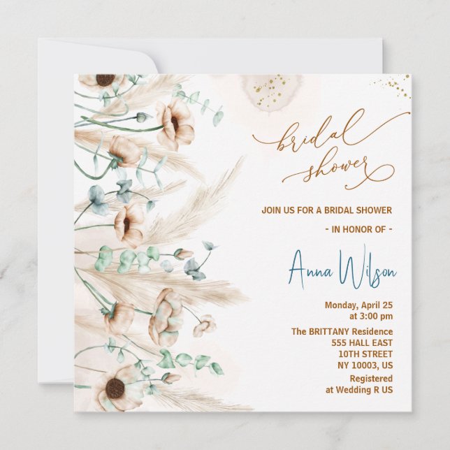 Boho pampas grass Wildflower Bridal Shower Invitation (Front)