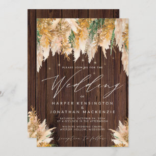 Boho Pampas Grass Wood Twinkle Lights Wedding Invitation