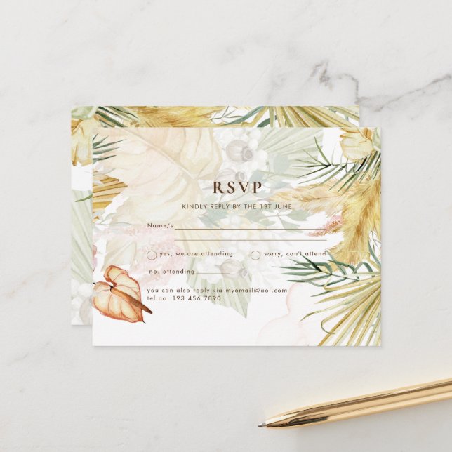 BOHO Pampas Grass Yellow Wedding Postcard (Front/Back In Situ)