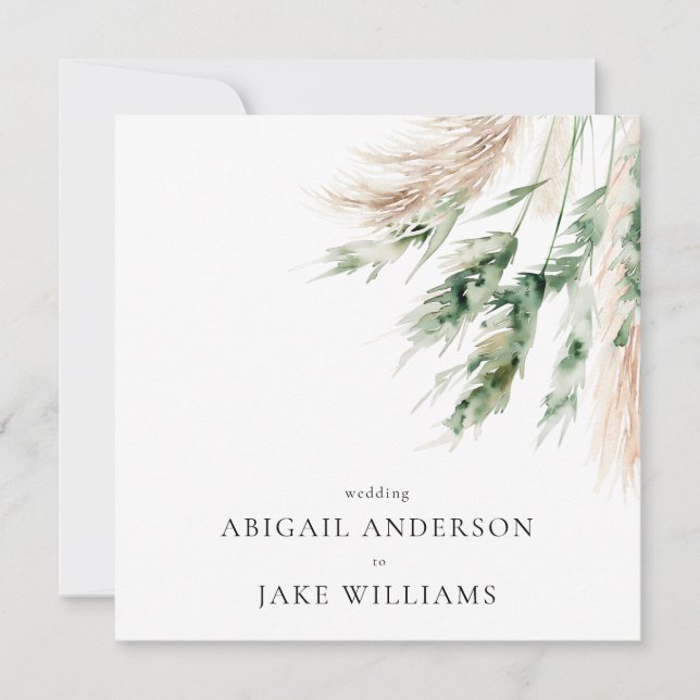 Boho Pampas & Greenery Minimalist Square Wedding Invitation (Front)