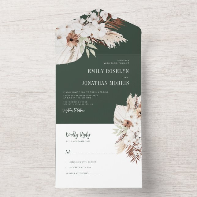 boho pampas greenery wedding all in one invitation (Inside)