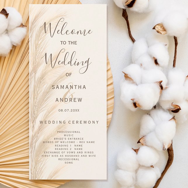 Boho pampas herbe programme de mariage aquarelle (Boho pampas grass watercolor wedding program)