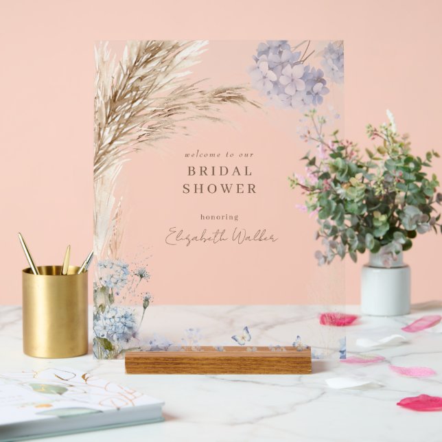 Boho Pampas Icy Blue Bridal Shower Acrylic Sign (Wedding)