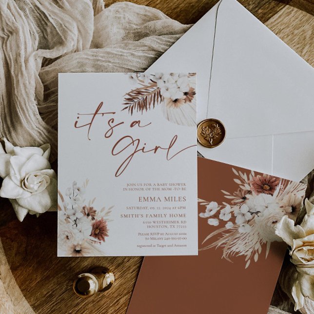 Boho Pampas It's a Girl Baby Shower Invitation (Creator Uploaded)