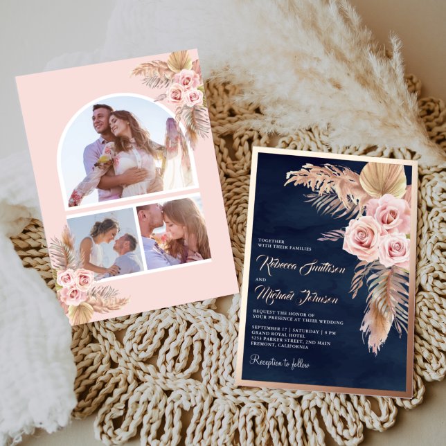 Boho Pampas Navy Blue Dusty Pink Wedding Rose Gold (Creator Uploaded)