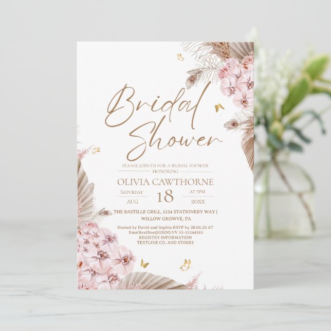 Boho Pampas Orchid Bridal Shower Invitation (Standing Front)