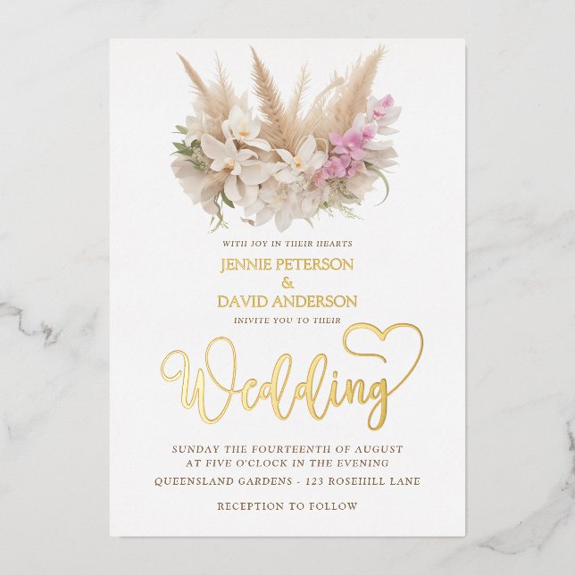 Boho Pampas & Orchid Wedding Invitation Foil (Front)