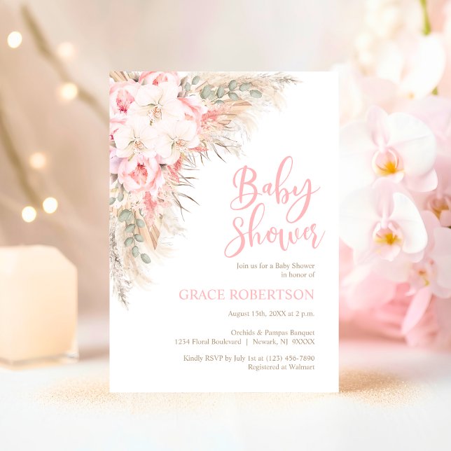 Boho Pampas Orchids Peonies Neutral Baby Shower Invitation (Boho Pampas Orchids Peonies Pink Neutral Baby Shower Invitation)