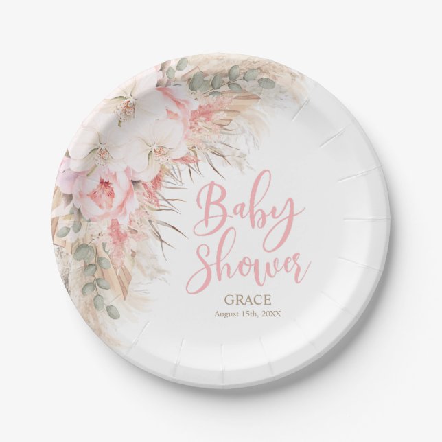 Boho Pampas Orchids Peonies Neutral Baby Shower Paper Plate (Front)