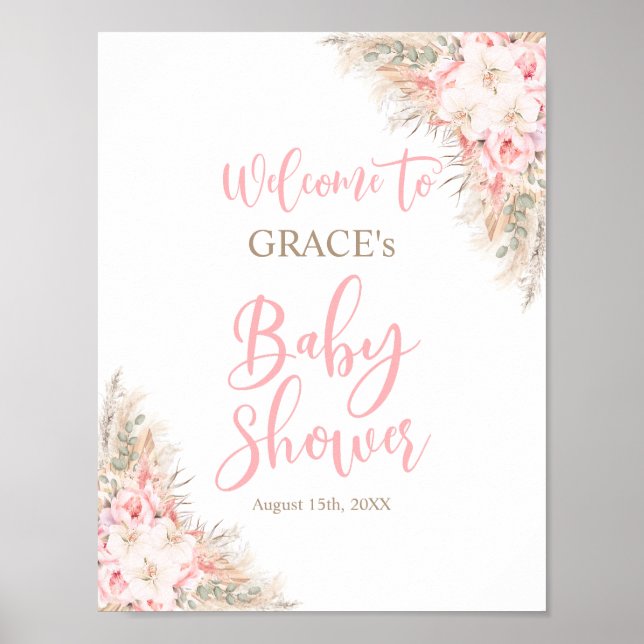 Boho Pampas Orchids Peonies Welcome Baby Shower Poster (Front)
