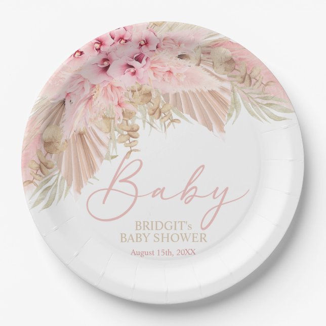 Boho Pampas Orchids Pink Neutral Baby Shower Paper Plate (Front)