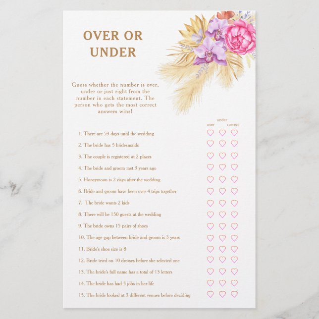 Boho pampas - Over or under bridal shower game (Front)