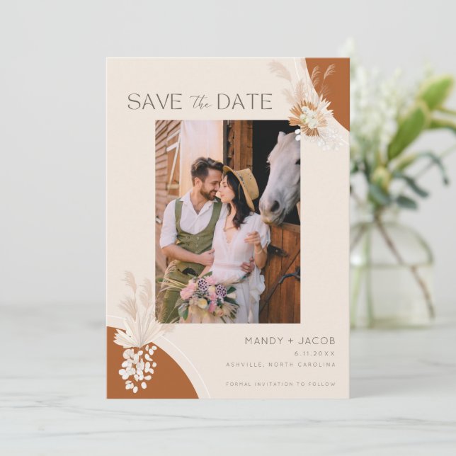 Boho Pampas Photo Bohemian Wedding Save The Date (Standing Front)
